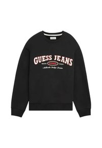 Sudadera negra con letras "GUESS JEANS" en blanco y rojo, con puños y dobladillo acanalados. Material suave con un diseño clásico de cuello redondo.