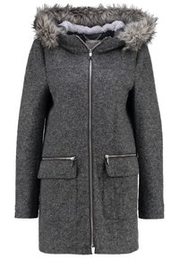 Manteau en laine gris foncé avec capuche bordée de fausse fourrure, fermeture éclair devant et deux poches zippées avec rabats.