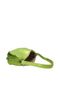 Borsa a tracolla verde metallica con una texture liscia e lucida, forma rettangolare, chiusura a zip e tracolla regolabile. L'interno ha un colore neutro.