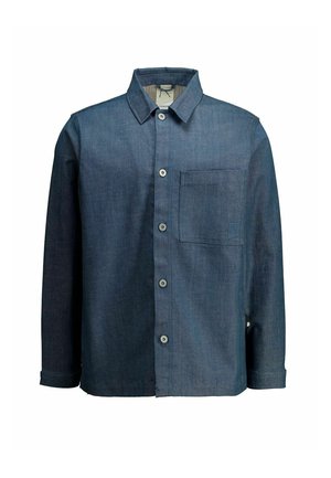 Džínsová košeľa v tmavomodrej farbe, s golierom, predným vreckom, zapínaním na gombíky a dlhými rukávmi. Hladká textúra s jemnou farebnou variáciou.