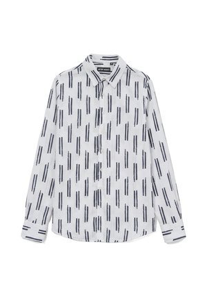 Camicia bianca a maniche lunghe con bottoni, motivo di pennellate verticali nere e colletto appuntito, stesa su sfondo bianco.