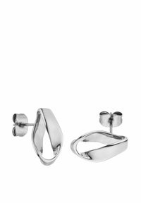 Zilveren metalen oorbellen met een abstracte lusvorm, met een gepolijste afwerking en standaard achterste sluitingen.