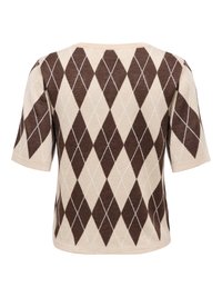 Haut en maille beige à manches courtes avec motif losange argyle brun foncé et blanc sur le dos et les manches.