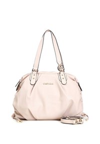 Jasnoróżowa skórzana torebka z czarnymi detalami, dwiema rączkami na ramię i złotymi okuciami. Zawiera odpinany pasek na ramię.