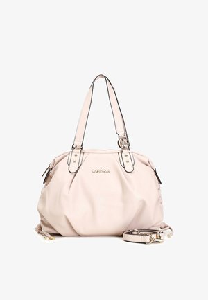 Lyserød læderhåndtaske med sort piping, dobbelte skulderstropper og guldfarvet hardware. Inkluderer en aftagelig crossbody-strop.