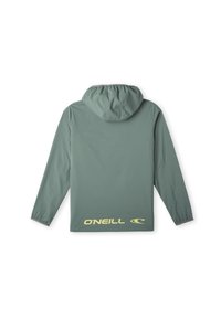 Giacca con cappuccio verde chiaro, a maniche lunghe, con polsini elasticizzati e un evidente logo giallo "O'Neill" sulla parte bassa della schiena. Tessuto liscio.