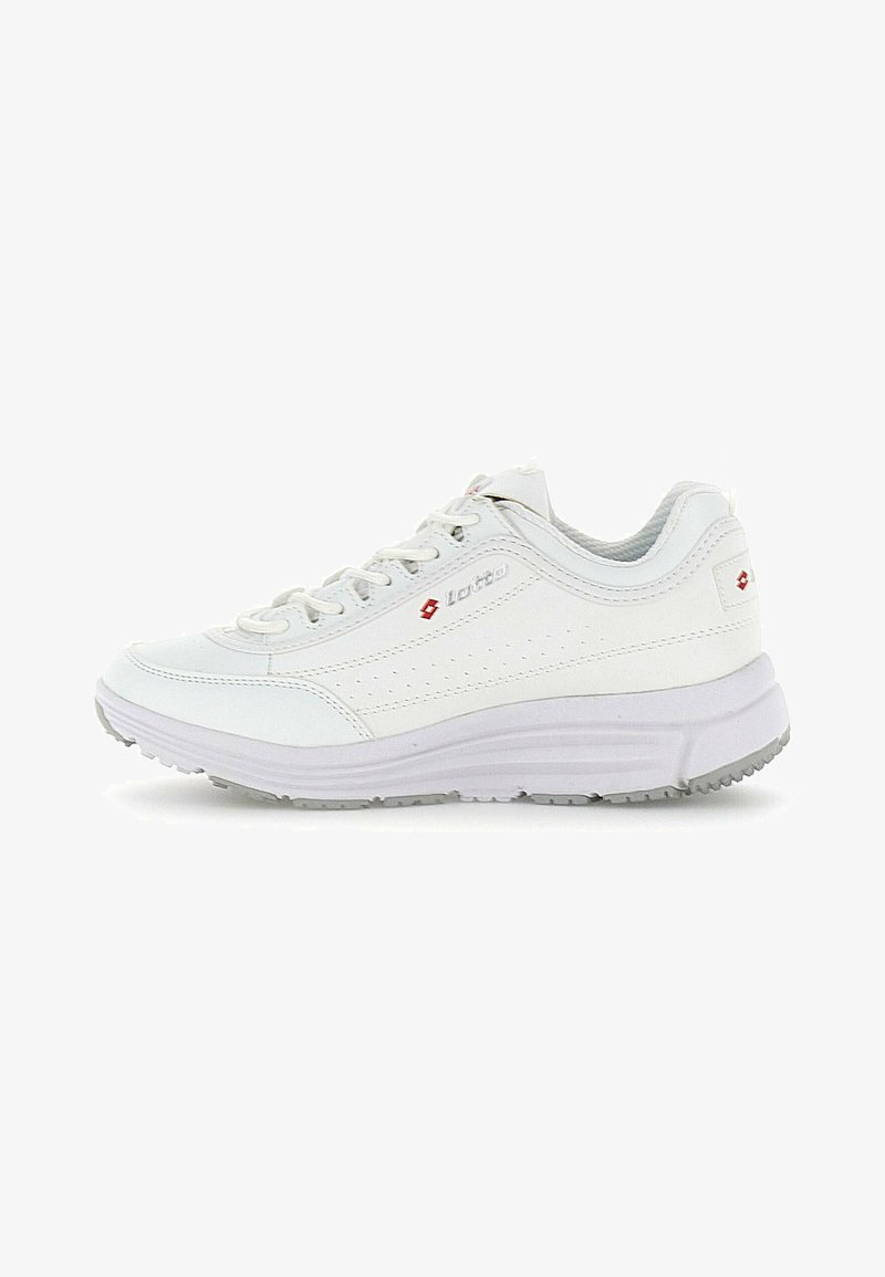 White sneaker with a smooth synthetic upper, padded collar, and textured sole. Features subtle logo and perforated design accents.