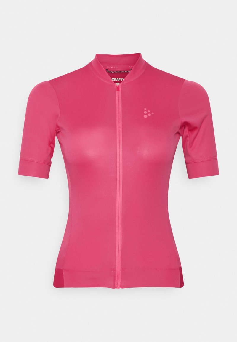 Cyklistický dres s krátkým rukávem v jasně růžové barvě, vybavený plným předním zipem a stojáčkovým límcem. Hladká textura s minimálním logem.