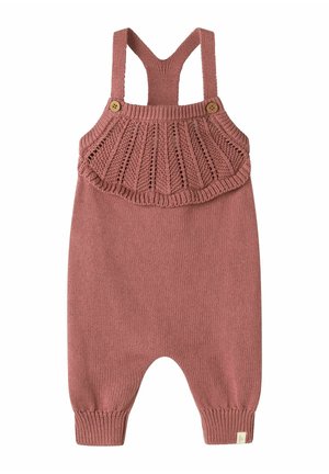 Salopette pour bébé en maille rose poudré avec poignets côtelés, motif en dentelle sur la poitrine, bretelles et détails de boutons sur les bretelles.