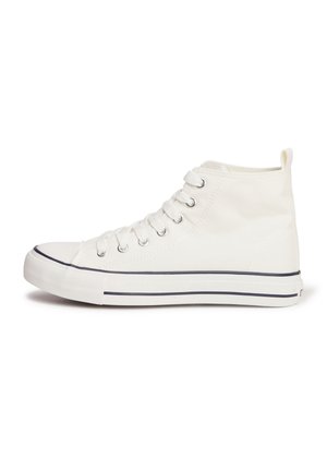 White canvas high-top sneaker with a round toe, six eyelets, silver hardware, and a navy stripe along the sole. Soft texture, minimal design.