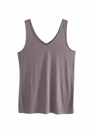 V-Ausschnitt-Ärmelloses Top in einem sanften Mauve-Ton, aus weichem, glattem Stoff gefertigt. Verfügt über breite Schulterträger und eine lockere Passform. Keine sichtbaren Muster.