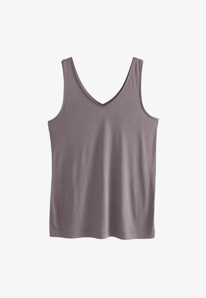 Top na ramiączkach w odcieniu stonowanej mauve, wykonany z miękkiego, gładkiego materiału. Posiada szerokie ramiączka i luźny krój. Bez widocznych wzorów.