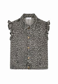 Grå denim sleeveless jakke med leopardmønster, ruffle skuldre, vertikal søm og gullfargede knappelukkinger.
