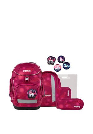 Pink school backpack set with unicorn-themed badges, matching pencil cases, and a reflective strip, branded "ergobag."