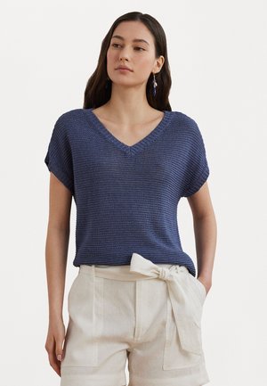 Linen Blend Short Sleeve V Neck Jumper - T-shirts - capri blue