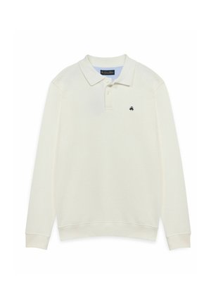 Langärmliges weißes Poloshirt mit Knopfleiste mit zwei Knöpfen und kleinem dunkelblauem Palmen-Logo auf der linken Brust.