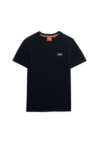 Camiseta de algodón azul marino con cuello redondo, mangas cortas y un sutil logo de "Superdry" bordado en blanco y rojo en el pecho.