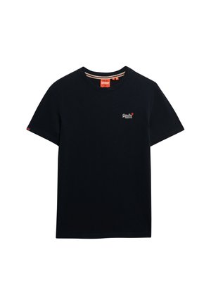 T-shirt in cotone blu navy con collo rotondo, maniche corte e discreto logo "Superdry" ricamato in bianco e rosso sul petto.