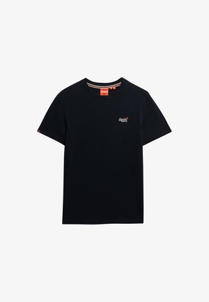 Navy blue cotton t-shirt with crew neck, short sleeves, and subtle "Superdry" logo embroidered in white and red on the chest.
