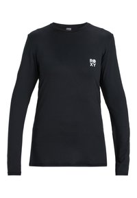 Black long-sleeve shirt made from smooth fabric, featuring a small white Roxy logo on the left chest. Simple, fitted design.