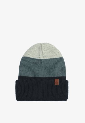 Gebreide beanie in afwisselend lichtgrijs, teal en donker marineblauw met strepen. Heeft een geribbelde textuur en een klein bruin leren logo-label.
