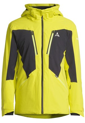 Bright yellow jacket with black accents, featuring a hood, zippered pockets, and a waterproof design. Textured fabric for outdoor use.