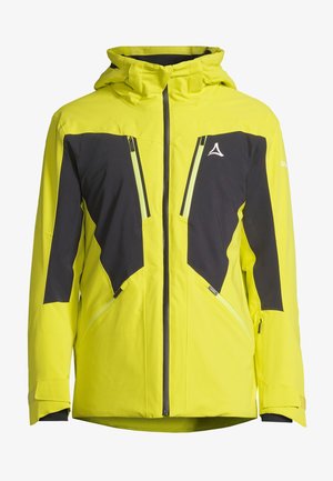 Heldere gele jas met zwarte accenten, voorzien van een capuchon, ritszakken en een waterproof ontwerp. Textuurstof voor gebruik buitenshuis.