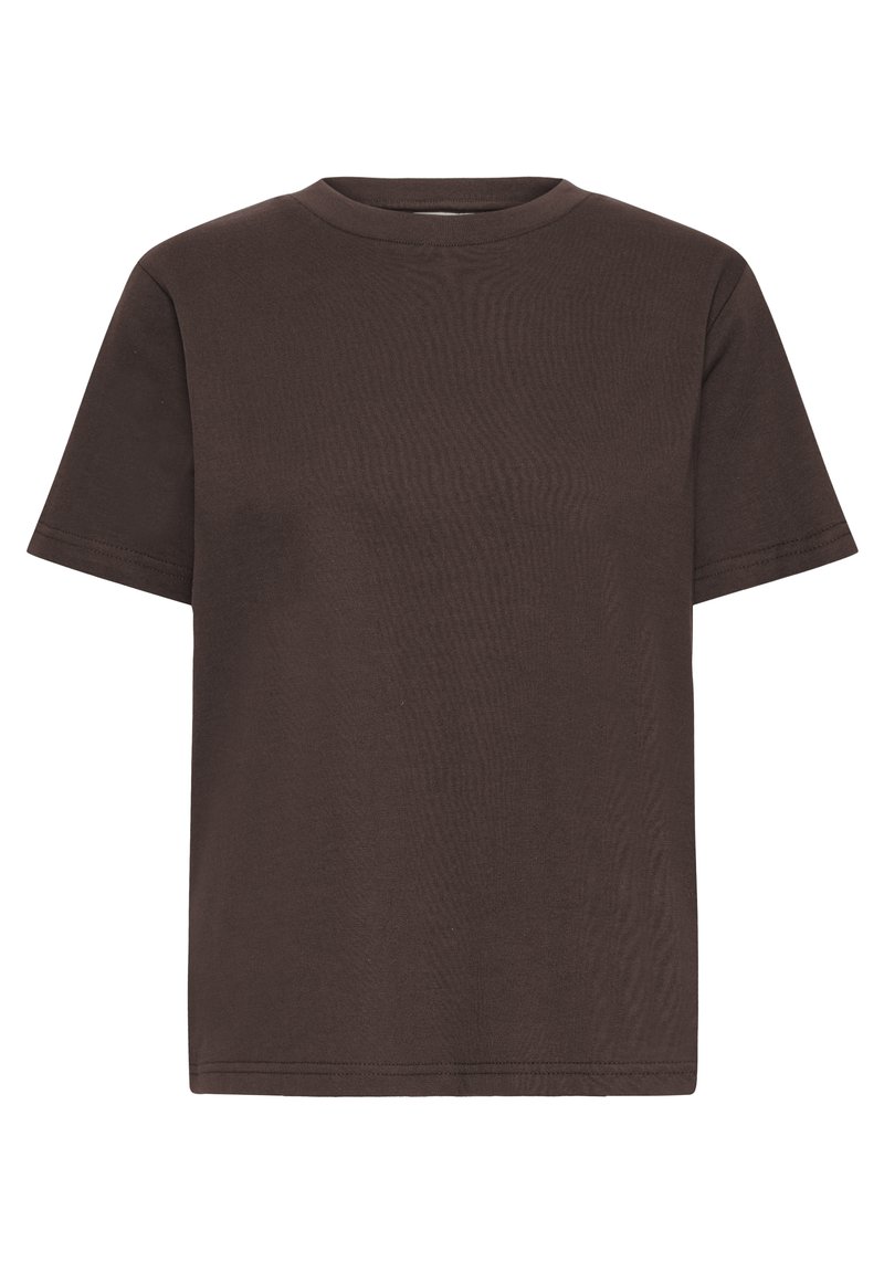 Brun kortærmet t-shirt lavet af blødt bomuld, med rund hals og en afslappet pasform med glat tekstur og minimal detaljer.