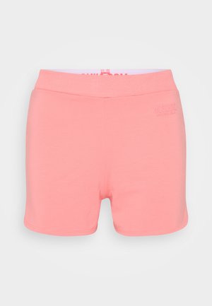 Shorts en coton rose avec une taille élastique arborant un logo. Texture lisse, coupe ajustée et un style simple et minimal.