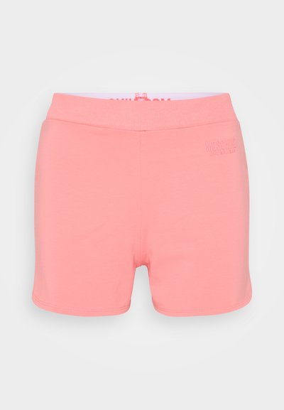 Pink cotton shorts with an elastic waistband featuring a logo. Smooth texture, fitted design, and a simple, minimal style.