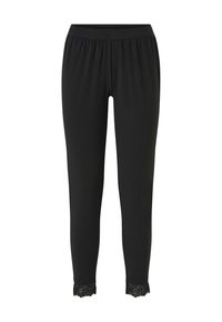 Zwarte leggings met een rekbare tailleband, voorzien van kantafwerking bij de enkels. Gemaakt van zacht, soepel materiaal voor comfort.