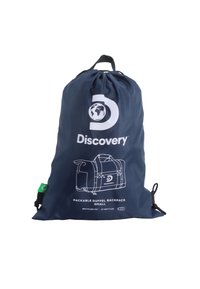 Zaino da viaggio pieghevole blu realizzato in PET riciclato, con chiusura a coulisse, logo bianco e design a contorno per una facile conservazione.