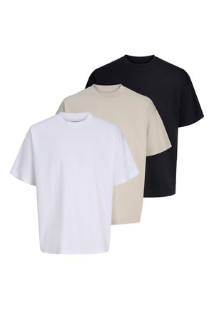 Tre ensfarvede T-shirts med korte ærmer i hvid, beige og sort, arrangeret forfra og bagud på en hvid baggrund.