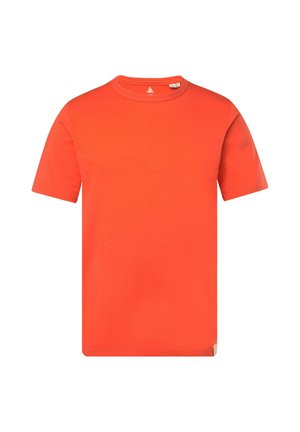 Kurzärmliges, rundhalsiges T-Shirt aus leuchtend orangefarbenem Baumwollstoff. Hat einen geraden Schnitt und dezente Markenkennzeichnung am unteren Saum. Keine Muster oder Akzente.