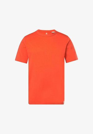 Kurzärmliges, rundhalsiges T-Shirt aus leuchtend orangefarbenem Baumwollstoff. Hat einen geraden Schnitt und dezente Markenkennzeichnung am unteren Saum. Keine Muster oder Akzente.