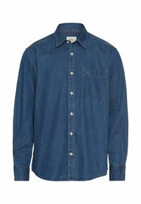 Blaues Denim-Hemd mit langen Ärmeln, Knopfleiste, Kragen und einer Brusttasche auf der linken Seite. Mit kontrastierendem Nähen und einer lockeren Passform.