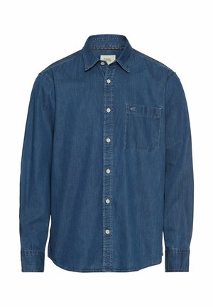 Blaues Denim-Hemd mit langen Ärmeln, Knopfleiste, Kragen und einer Brusttasche auf der linken Seite. Mit kontrastierendem Nähen und einer lockeren Passform.