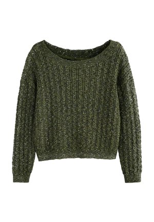Pull en tricot de couleur vert foncé, présentant une texture côtelée, un col bateau et des manches longues. Subtils accents scintillants à travers le tissu.