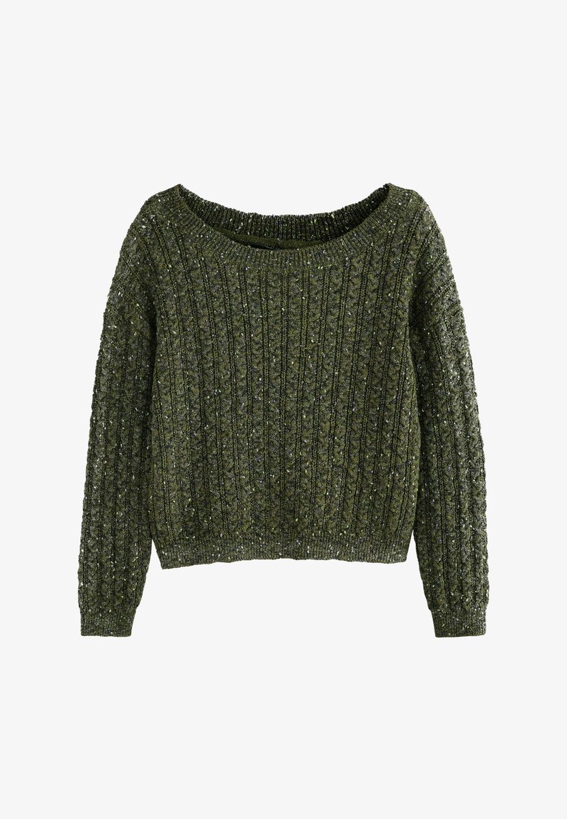Knit sweater in dark green, featuring a ribbed texture, boat neckline, and long sleeves. Subtle sparkle accents throughout the fabric.