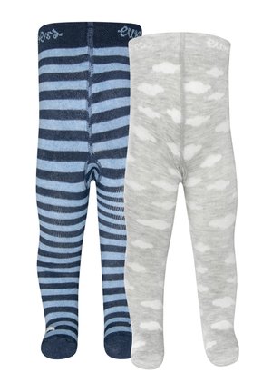 Zwei Paar Baby-Strumpfhosen; das eine Paar hat blaue und marineblaue horizontale Streifen, das andere ist hellgrau mit weißen Wolkenmustern.