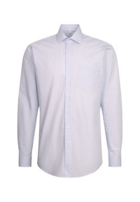 Camicia a maniche lunghe azzurro chiaro con un motivo sottile, colletto button-down, taschino singolo sul petto e bottoni bianchi. Tessuto in cotone con texture liscia.