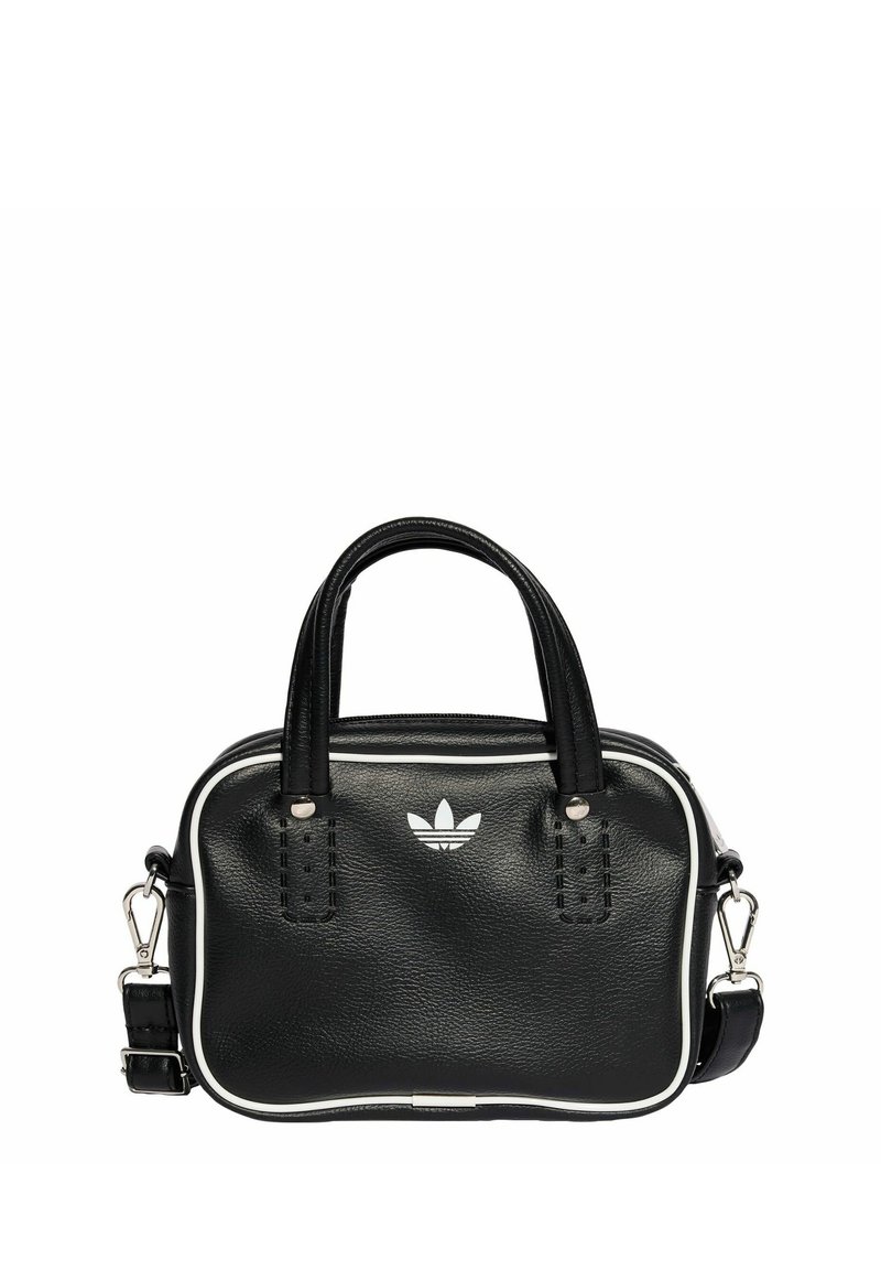 Black leather handbag with two short handles, silver hardware, white accents, and a white logo. Features a textured surface and compact design.