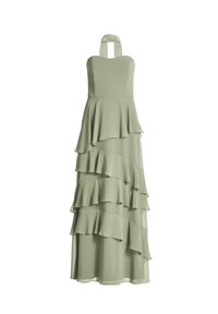 Robe de soirée vert sauge à col halter avec des volants superposés et un corsage ajusté, s'évasant en une jupe longue.