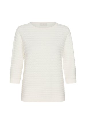 Pull blanc en maille avec manches 3/4, col rond et motif à rayures horizontales texturées.