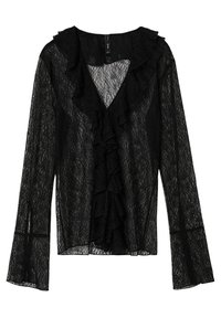 Blouse noire à manches longues en dentelle avec encolure en V à volants et détails sur le devant, tissu légèrement transparent et poignets évasés.