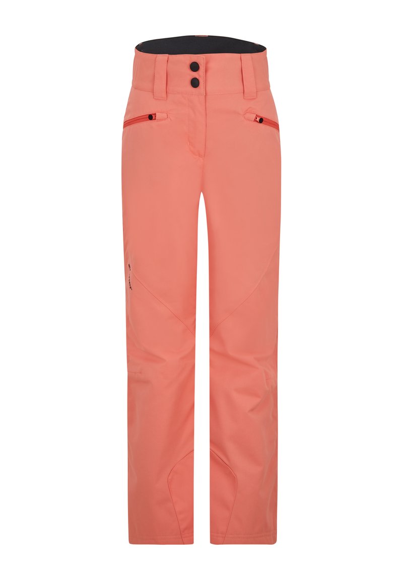 Koralle Skihosen mit glatter Textur, vorgeformten Knien und zwei Reißverschluss-Taschen, ausgestattet mit hohem Taillenbund und doppelt geknöpftem Verschluss.