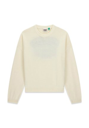 Roomkleurige trui van zacht gebreide stof, met een ronde hals, verlaagde schouders en een geribde zoom en manchetten.