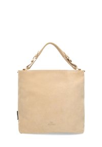 Beige suède handtas met een platte rechthoekige vorm, een bovenhandvat en goudkleurige hardware. Soepele textuur met geperst logo-detail.