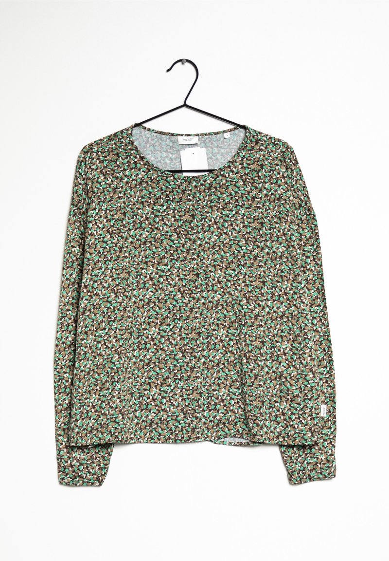 Maglietta a maniche lunghe in un tessuto marrone con un motivo floreale verde e bianco. Presenta un collo rotondo e una vestibilità comoda.