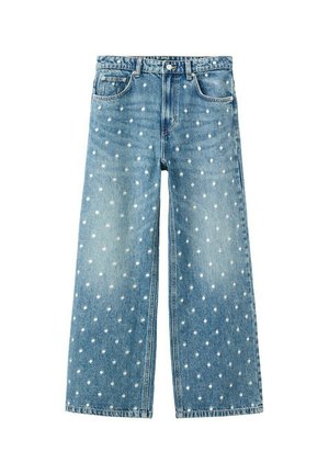 Blauwe denim jeans met brede pijpen en witte polka dots, voorzakken, riemlussen en knoopsluiting.